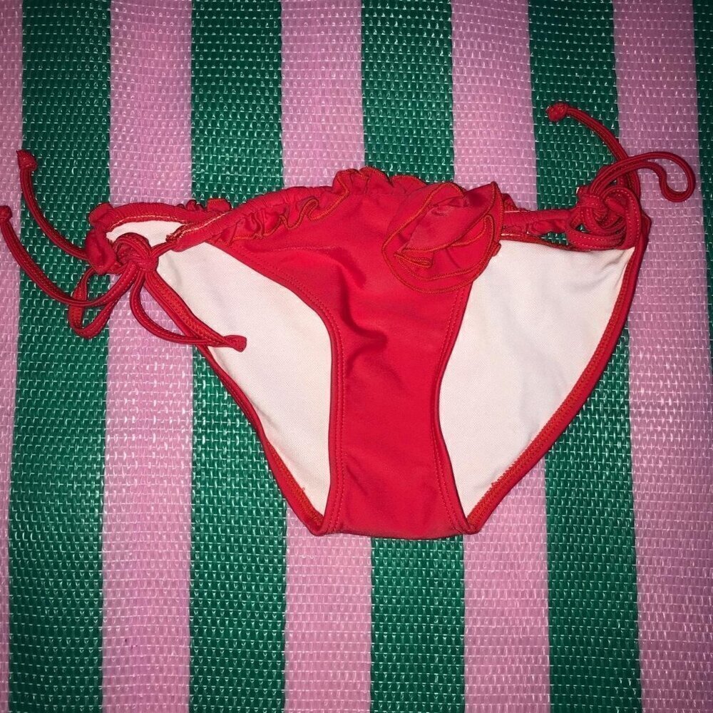 Beach Joy Size Medium Red Rose & Ruffle Side Tie Bikini Bottom. New Without Tags